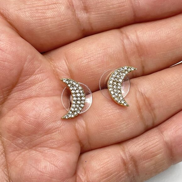 J. Crew Pavé Crystal Moon Stud Earrings Celestial Boho Dainty Gold Tone Crescent - Picture 4 of 8